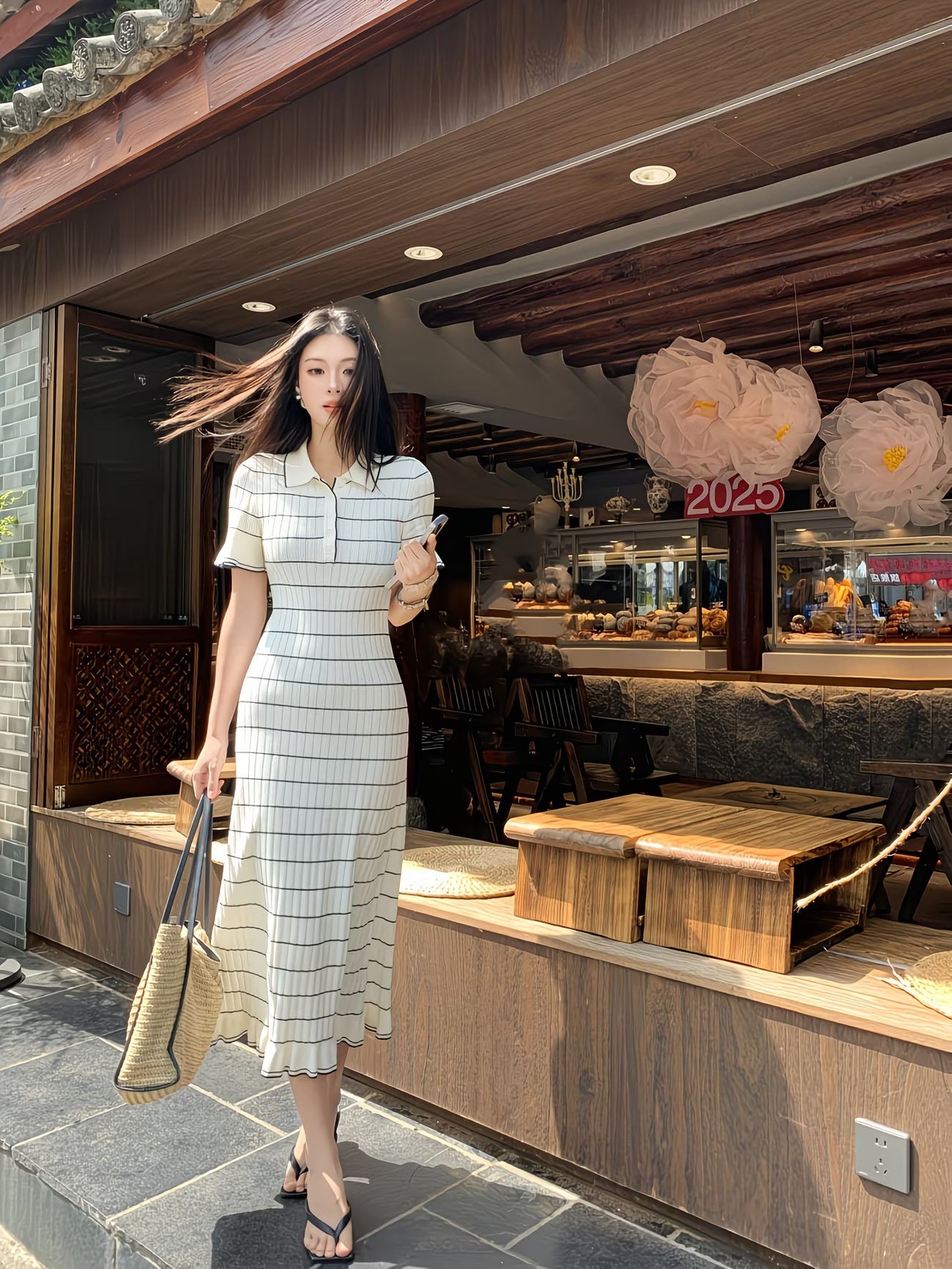 [French-Style Midi Dress] Color-Block Striped Midi Dress with Short-Sleeve Collar, Waist-Cinching Fitted Summer Dress for Casual to Semi-Formal Wear