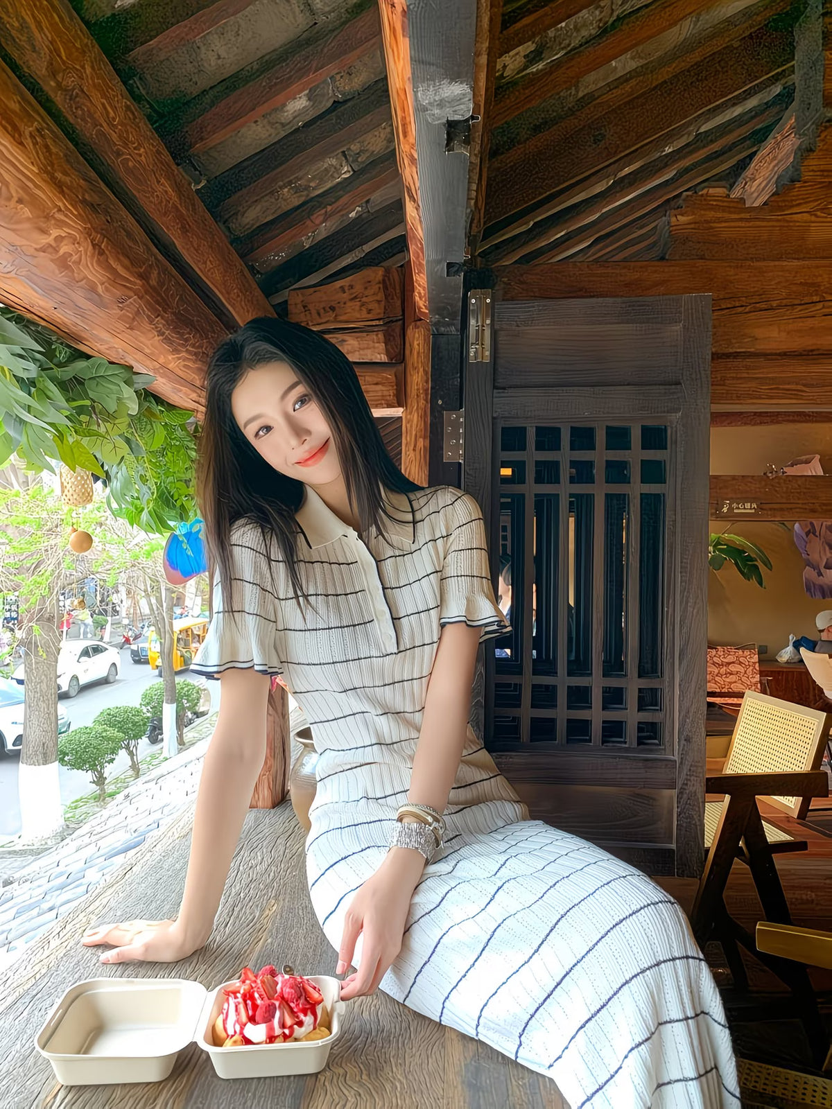 [French-Style Midi Dress] Color-Block Striped Midi Dress with Short-Sleeve Collar, Waist-Cinching Fitted Summer Dress for Casual to Semi-Formal Wear