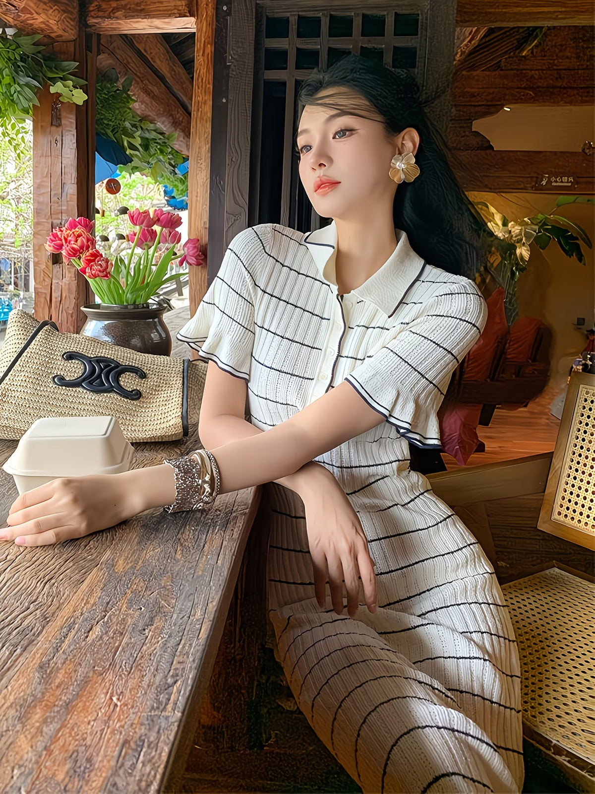 [French-Style Midi Dress] Color-Block Striped Midi Dress with Short-Sleeve Collar, Waist-Cinching Fitted Summer Dress for Casual to Semi-Formal Wear