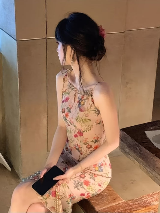 French-Style Pink Ruffle Hollow-Out Floral Print Spaghetti Suspender Dress for Women, Summer Beach Vacation, Flattering for Petite Figures, Stunning Dress