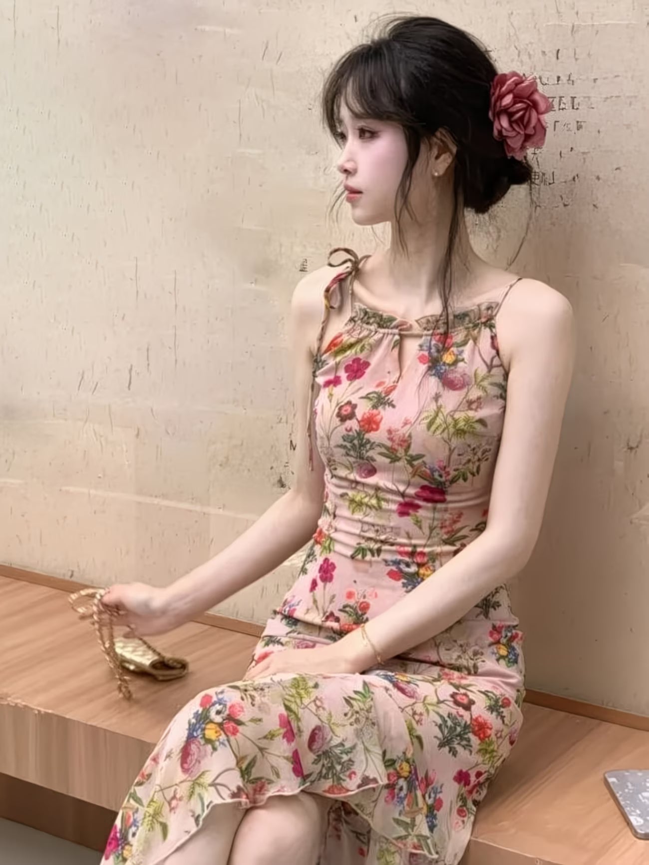French-Style Pink Ruffle Hollow-Out Floral Print Spaghetti Suspender Dress for Women, Summer Beach Vacation, Flattering for Petite Figures, Stunning Dress