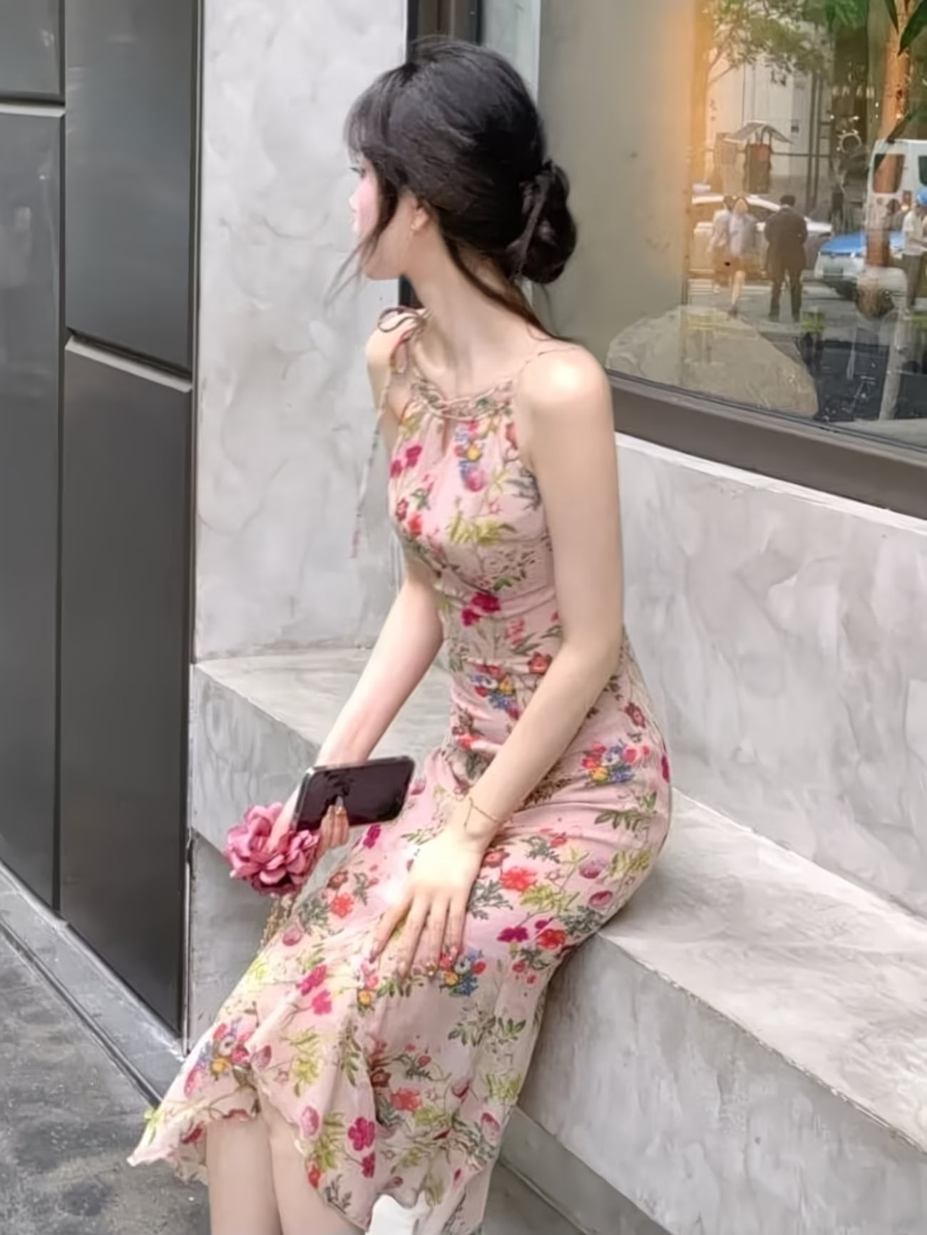 French-Style Pink Ruffle Hollow-Out Floral Print Spaghetti Suspender Dress for Women, Summer Beach Vacation, Flattering for Petite Figures, Stunning Dress