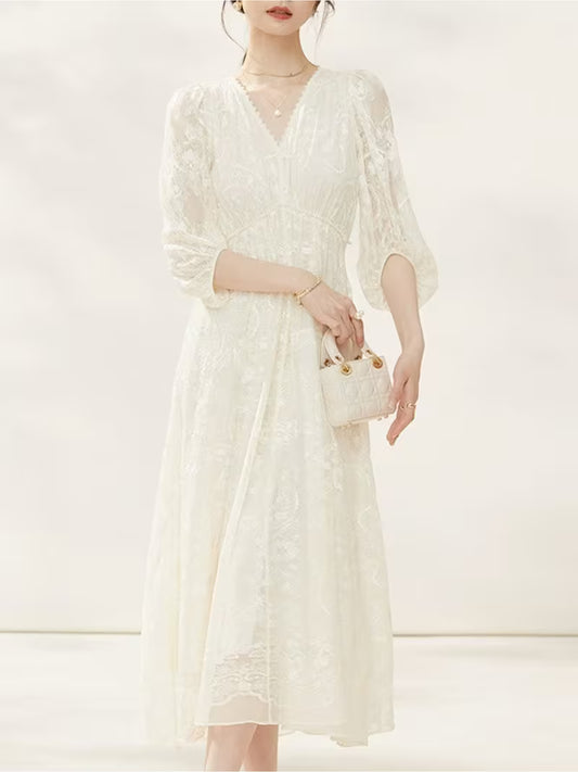2026 New Spring 100% Mulberry Embroidered Three Quarter Sleeve Maxi Dress Elegant Fairy Style Women Dress