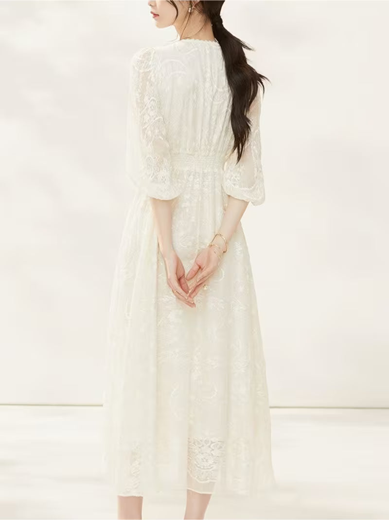2026 New Spring 100% Mulberry Embroidered Three Quarter Sleeve Maxi Dress Elegant Fairy Style Women Dress