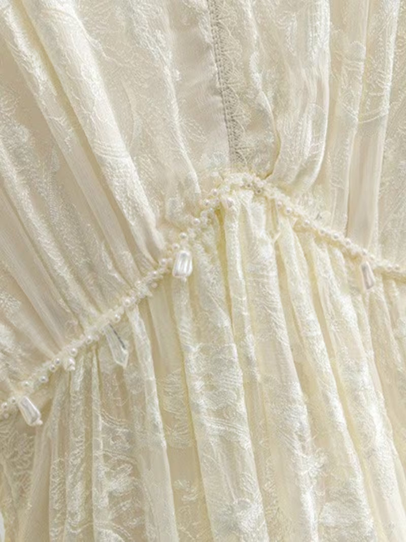2026 New Spring 100% Mulberry Embroidered Three Quarter Sleeve Maxi Dress Elegant Fairy Style Women Dress