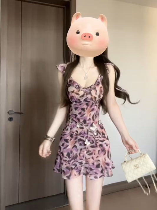 French Retro Leopard Print Strapless Purple Dress, Summer Waist Vacation Dress, Sexy Short Dress