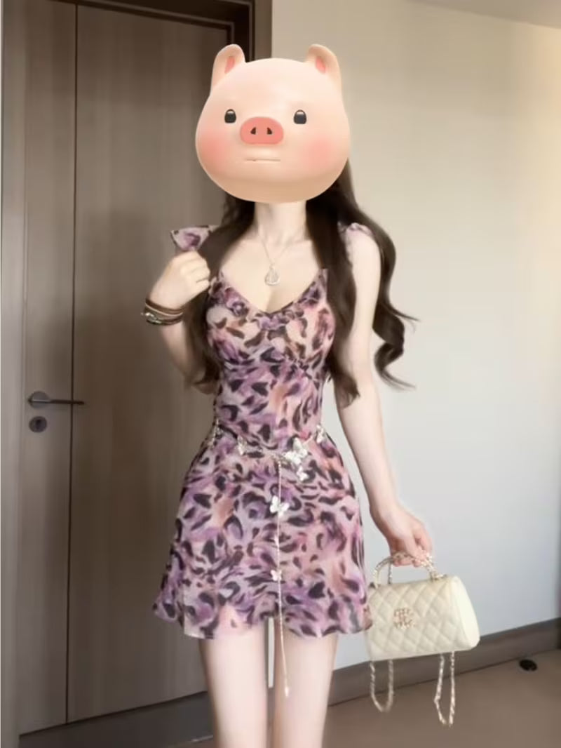 French Retro Leopard Print Strapless Purple Dress, Summer Waist Vacation Dress, Sexy Short Dress