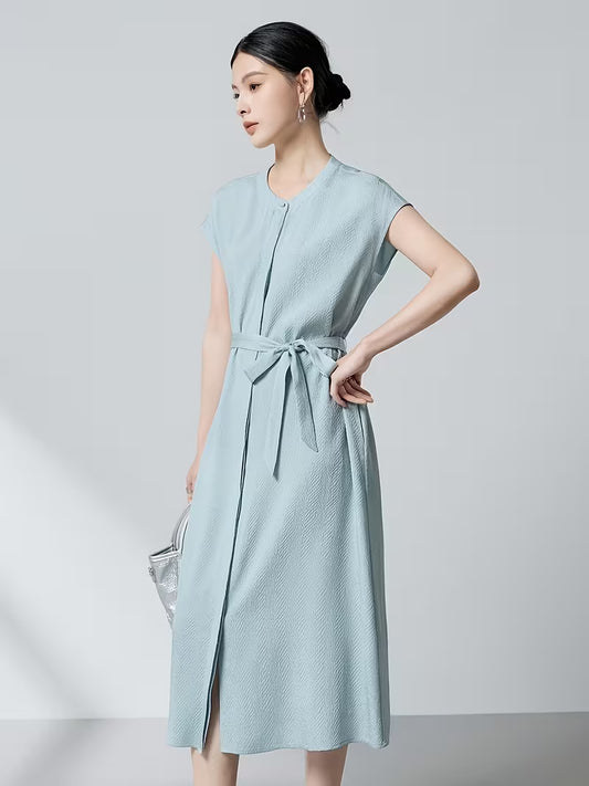 Ink Painting Beauty 2026 Summer New 6A Grade Mulberry Guanle Crepe Dress Women'S Belt Waist-Cinching Split Loose Black Mid-Length Skirt Women'S Dress