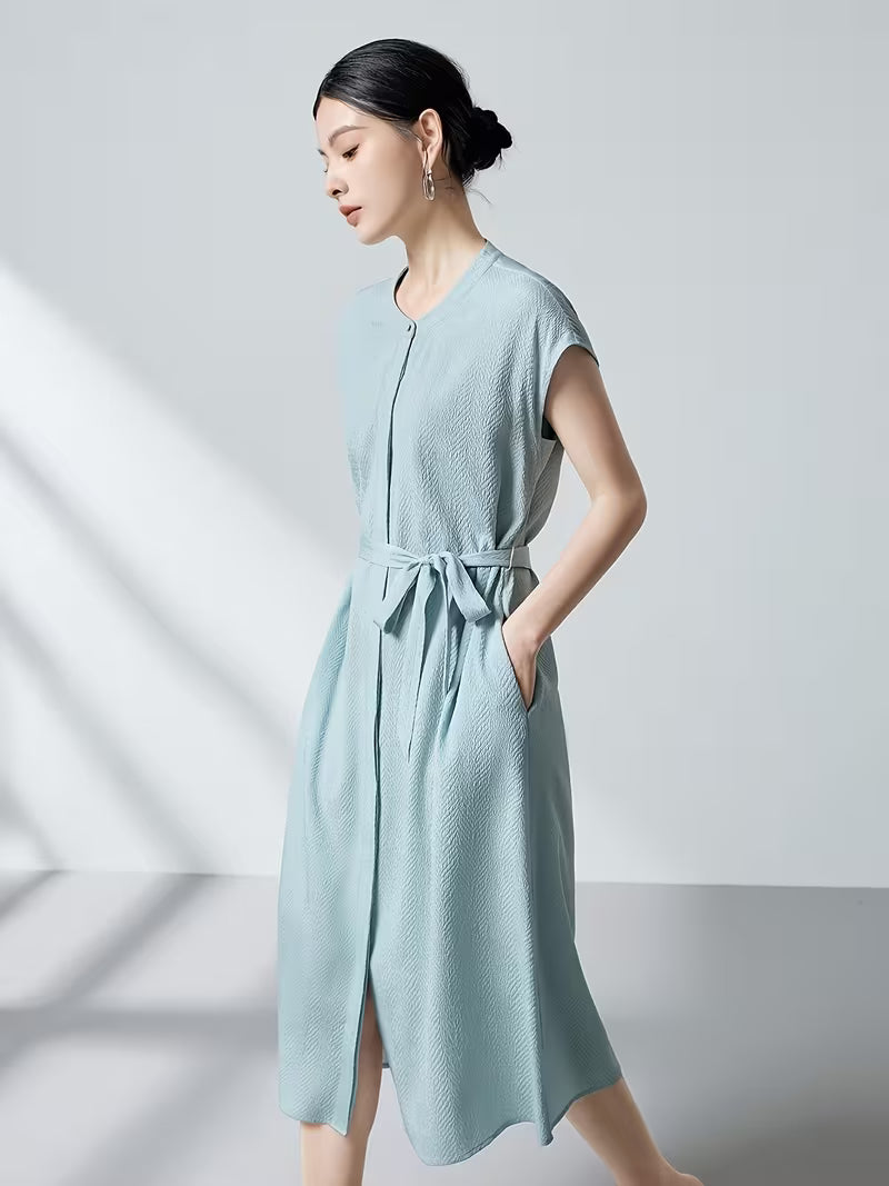 Ink Painting Beauty 2026 Summer New 6A Grade Mulberry Guanle Crepe Dress Women'S Belt Waist-Cinching Split Loose Black Mid-Length Skirt Women'S Dress