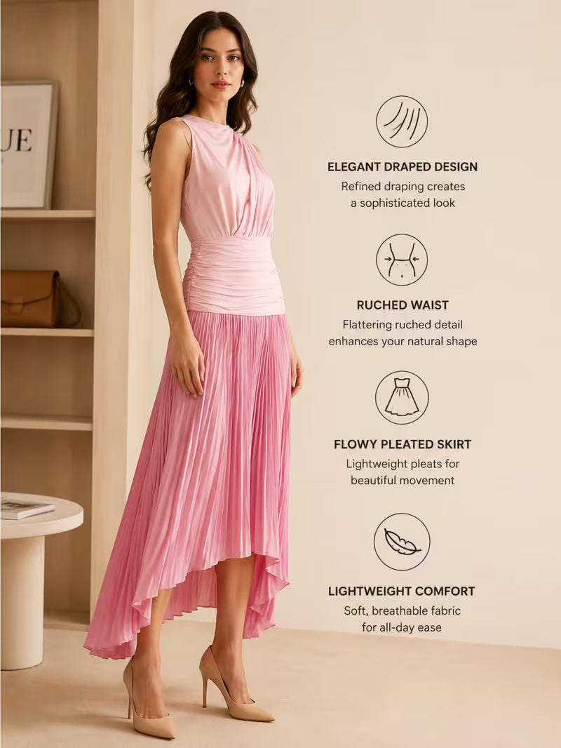 1pc Women Sleeveless Stand Collar Ruched Waist Maxi Dress, Pleated Irregular Hem Split Long Dress for Daily Vacation Office Use