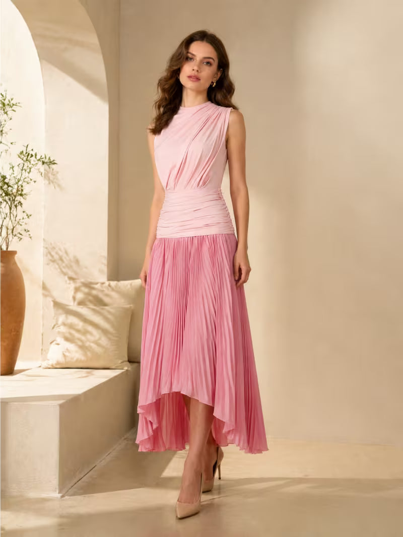 1pc Women Sleeveless Stand Collar Ruched Waist Maxi Dress, Pleated Irregular Hem Split Long Dress for Daily Vacation Office Use