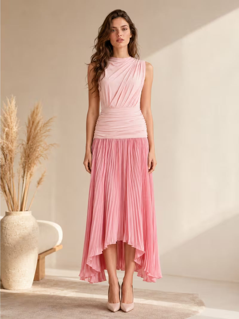 1pc Women Sleeveless Stand Collar Ruched Waist Maxi Dress, Pleated Irregular Hem Split Long Dress for Daily Vacation Office Use