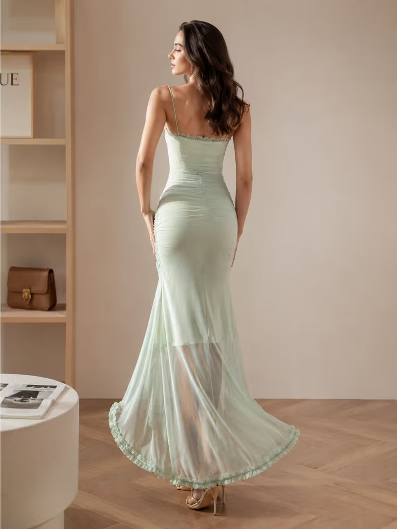 1pc Women'S Ruched Spaghetti Strap Long Dress with Side Split Bodycon Maxi Dress for Daily Wear And Vacation Occasions