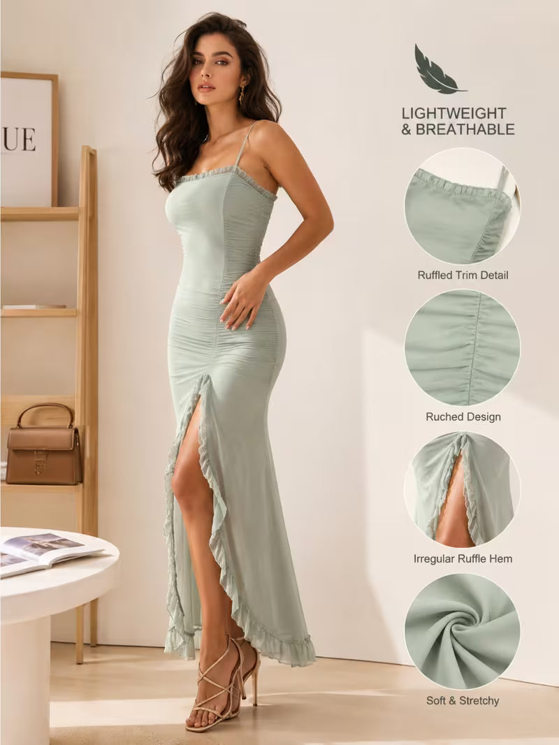 1pc Women'S Ruched Spaghetti Strap Long Dress with Side Split Bodycon Maxi Dress for Daily Wear And Vacation Occasions