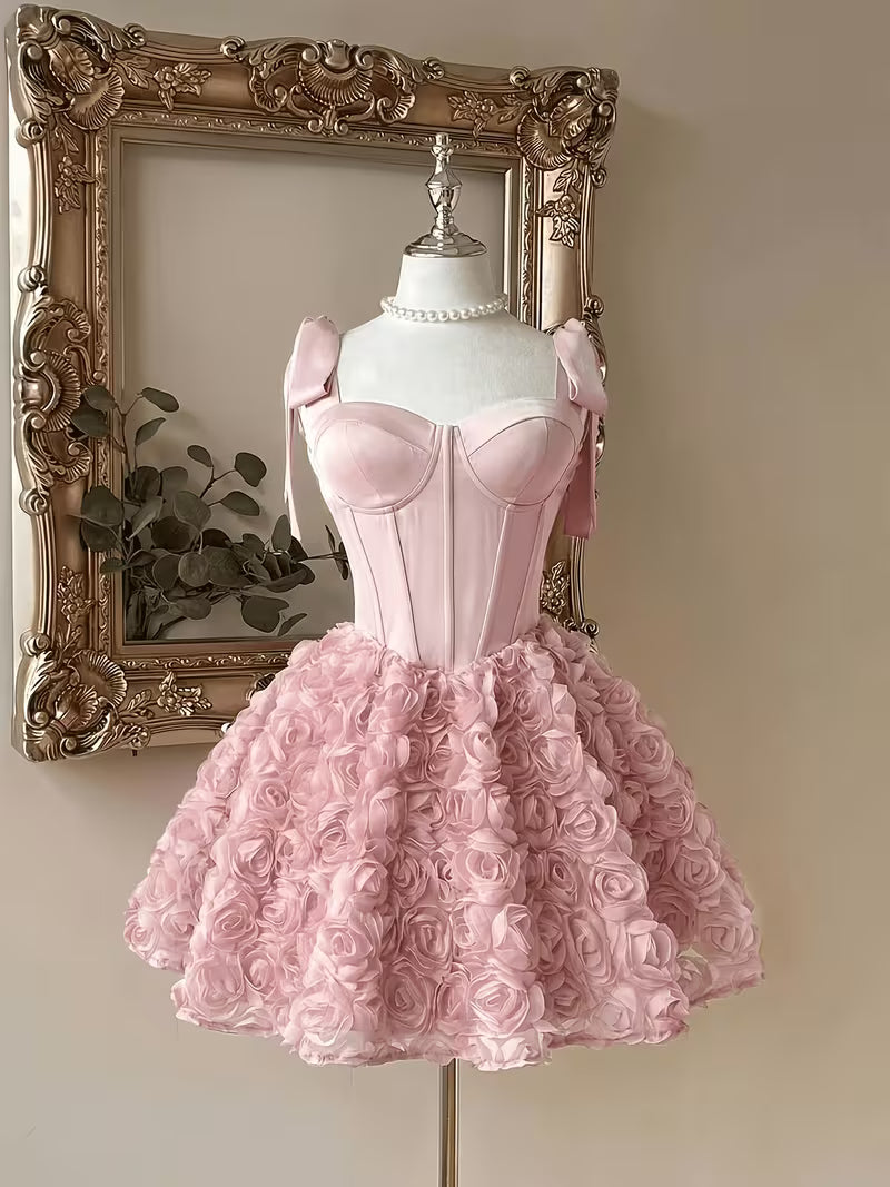 Satin Shoulder Straps, Fishtail Waist Dress, Elegant And Romantic, Stylish And Beautiful, with 3D Floral Embellishments And Ruffled Skirt