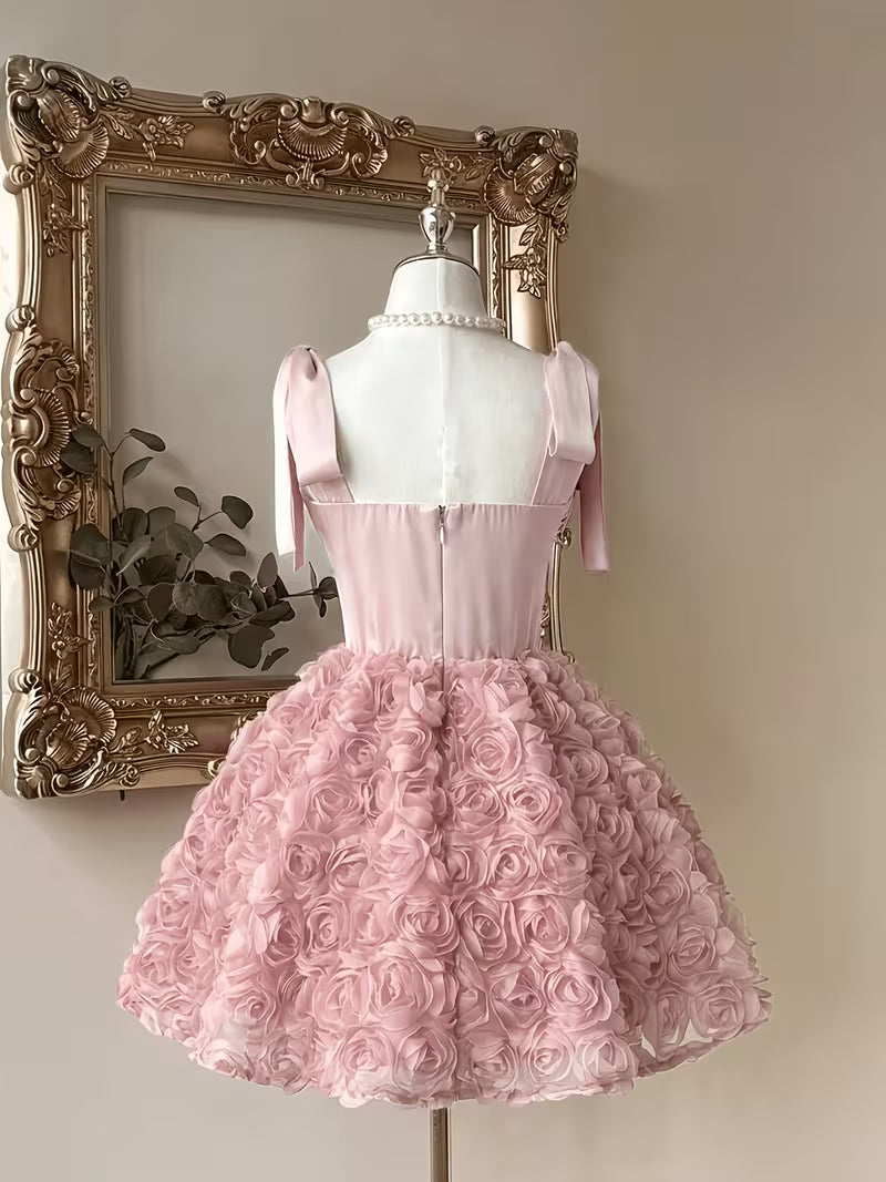 Satin Shoulder Straps, Fishtail Waist Dress, Elegant And Romantic, Stylish And Beautiful, with 3D Floral Embellishments And Ruffled Skirt
