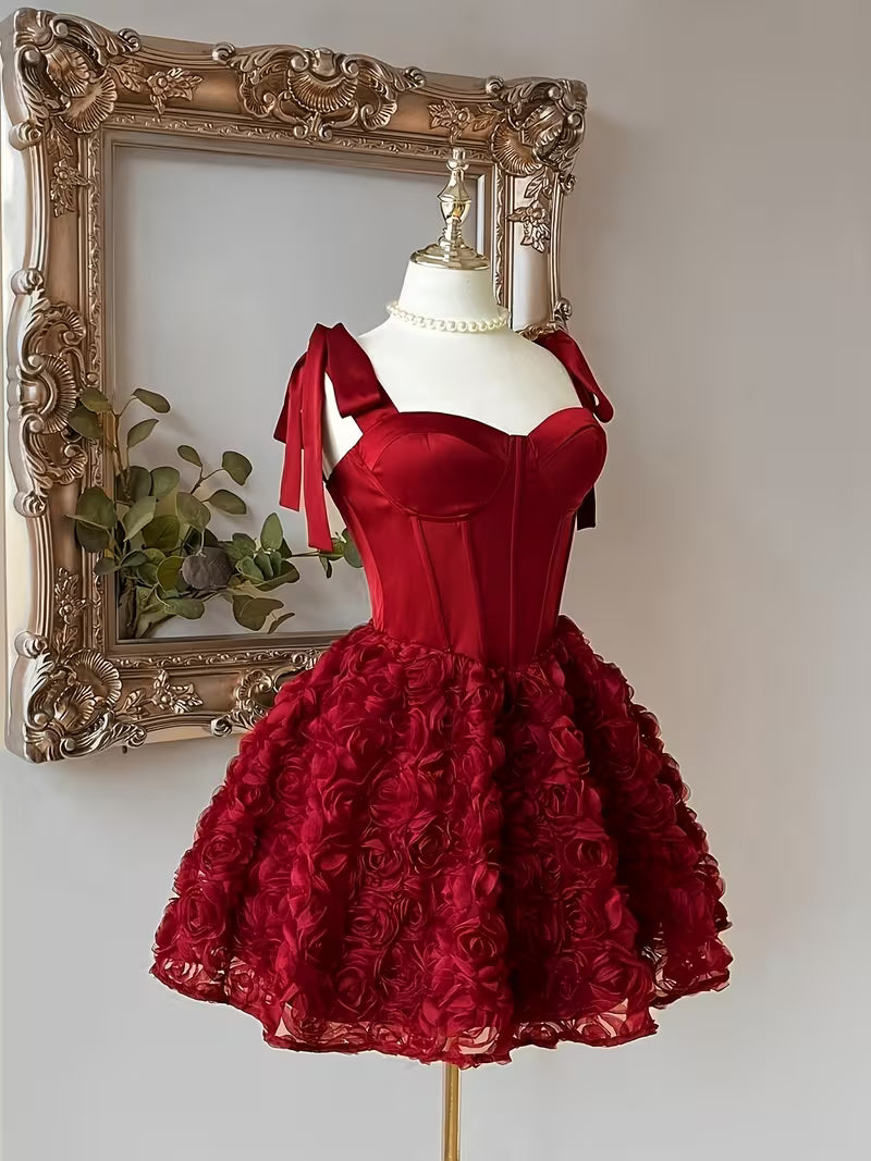 Satin Shoulder Straps, Fishtail Waist Dress, Elegant And Romantic, Stylish And Beautiful, with 3D Floral Embellishments And Ruffled Skirt