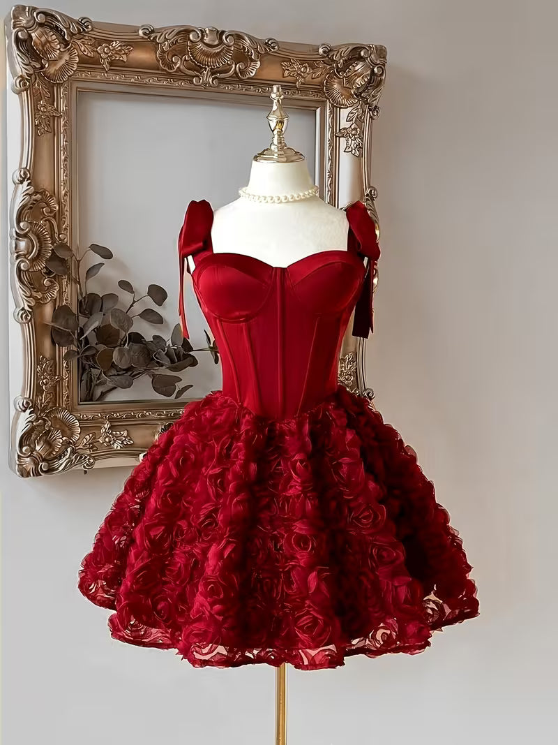 Satin Shoulder Straps, Fishtail Waist Dress, Elegant And Romantic, Stylish And Beautiful, with 3D Floral Embellishments And Ruffled Skirt