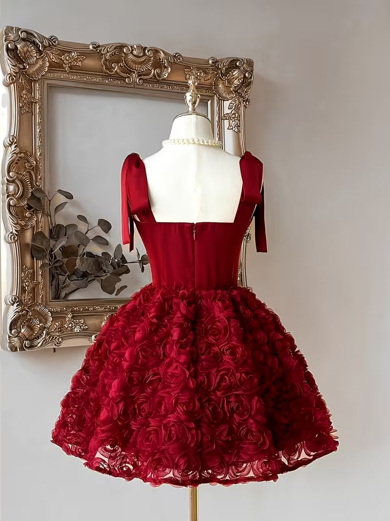 Satin Shoulder Straps, Fishtail Waist Dress, Elegant And Romantic, Stylish And Beautiful, with 3D Floral Embellishments And Ruffled Skirt