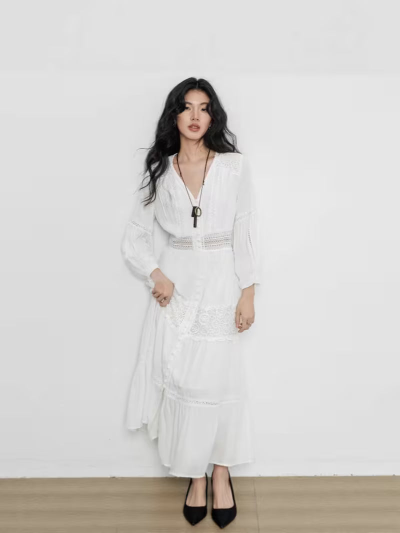 Women' French Hollow Out Lace Dress - -Line Semi-Sheer Summer Dress with Puff Sleeves & Waist Fit, Suitable for Weddings, Parties, Prom, Hand Washable Fairy Dress