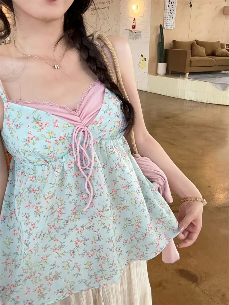 New Spring/Summer French Style Mock 2pcs Sexy Floral Camisole, American Sweet Loose Top Trendy