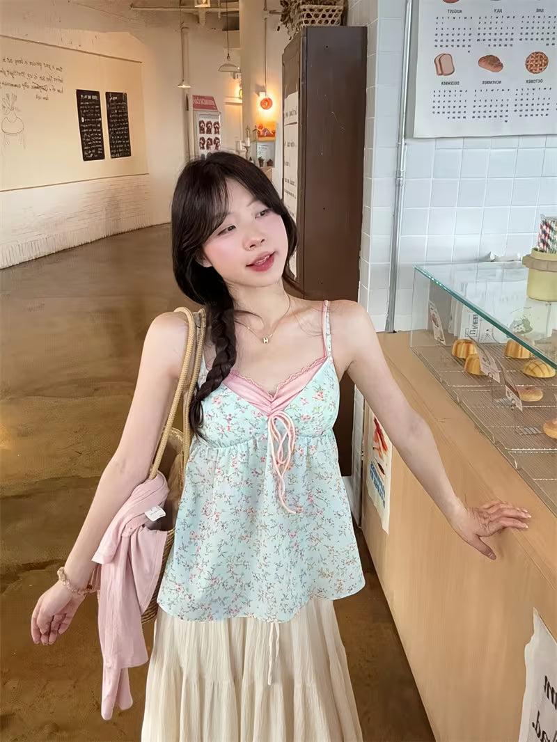 New Spring/Summer French Style Mock 2pcs Sexy Floral Camisole, American Sweet Loose Top Trendy