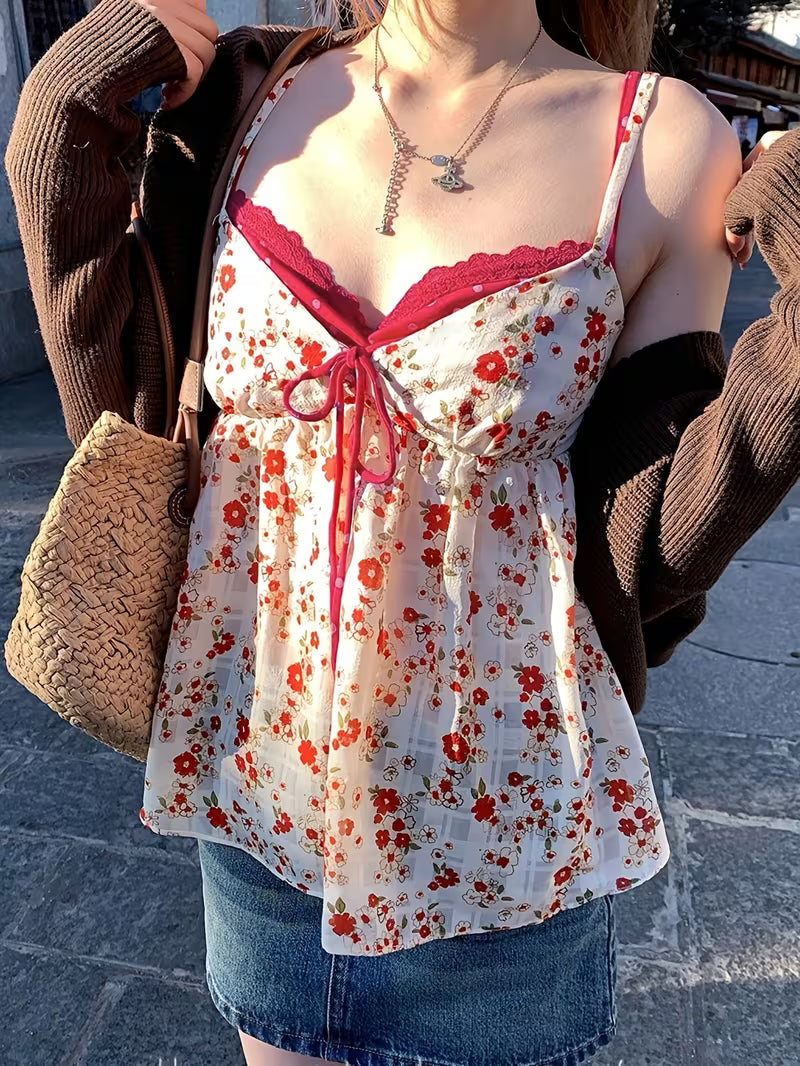 New Spring/Summer French Style Mock 2pcs Sexy Floral Camisole, American Sweet Loose Top Trendy