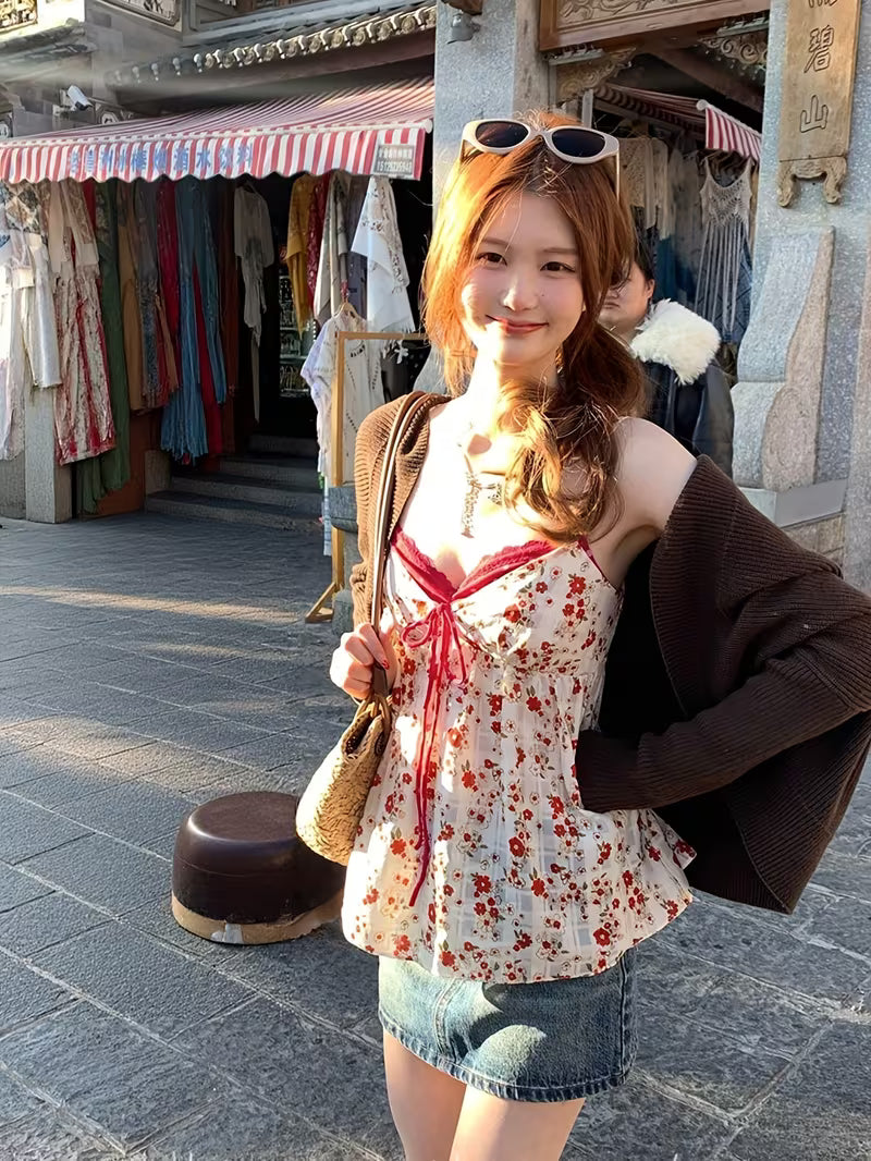 New Spring/Summer French Style Mock 2pcs Sexy Floral Camisole, American Sweet Loose Top Trendy