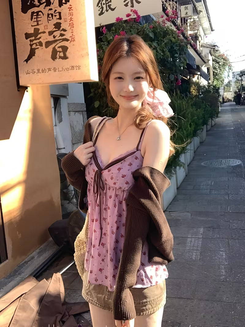 New Spring/Summer French Style Mock 2pcs Sexy Floral Camisole, American Sweet Loose Top Trendy