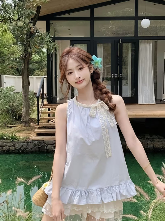 Spring/Summer Korean-Style Lace Round Neck Sleeveless Top, Dopamine Mint Mambo Outerwear, Tummy Control