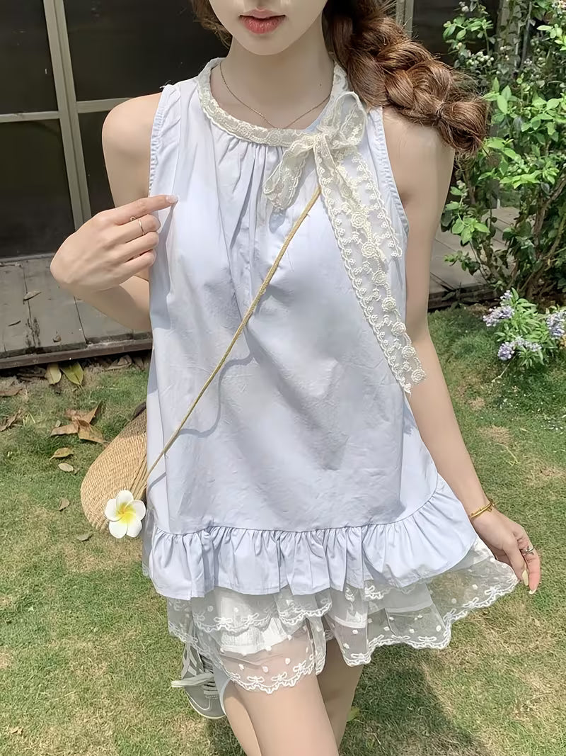 Spring/Summer Korean-Style Lace Round Neck Sleeveless Top, Dopamine Mint Mambo Outerwear, Tummy Control