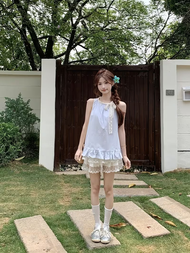 Spring/Summer Korean-Style Lace Round Neck Sleeveless Top, Dopamine Mint Mambo Outerwear, Tummy Control