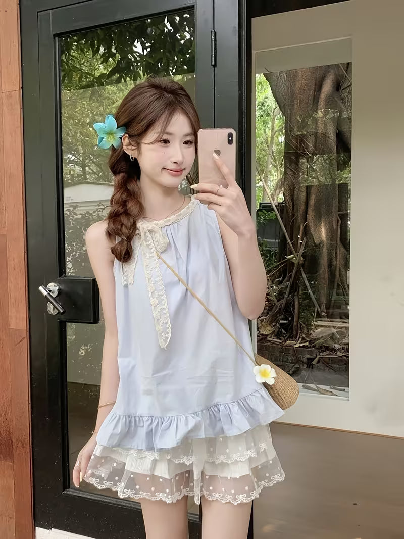 Spring/Summer Korean-Style Lace Round Neck Sleeveless Top, Dopamine Mint Mambo Outerwear, Tummy Control