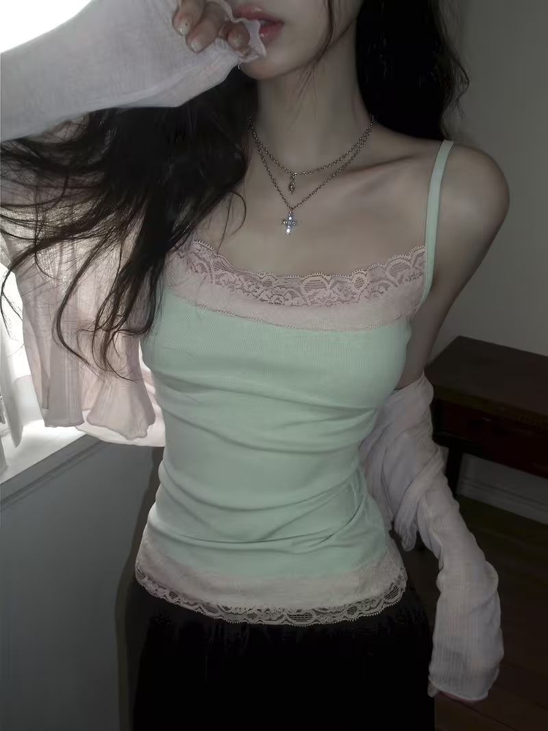 Color-Block Lace Patchwork Cami Top Women'S French Pure Desire Thin Strap Tank Top