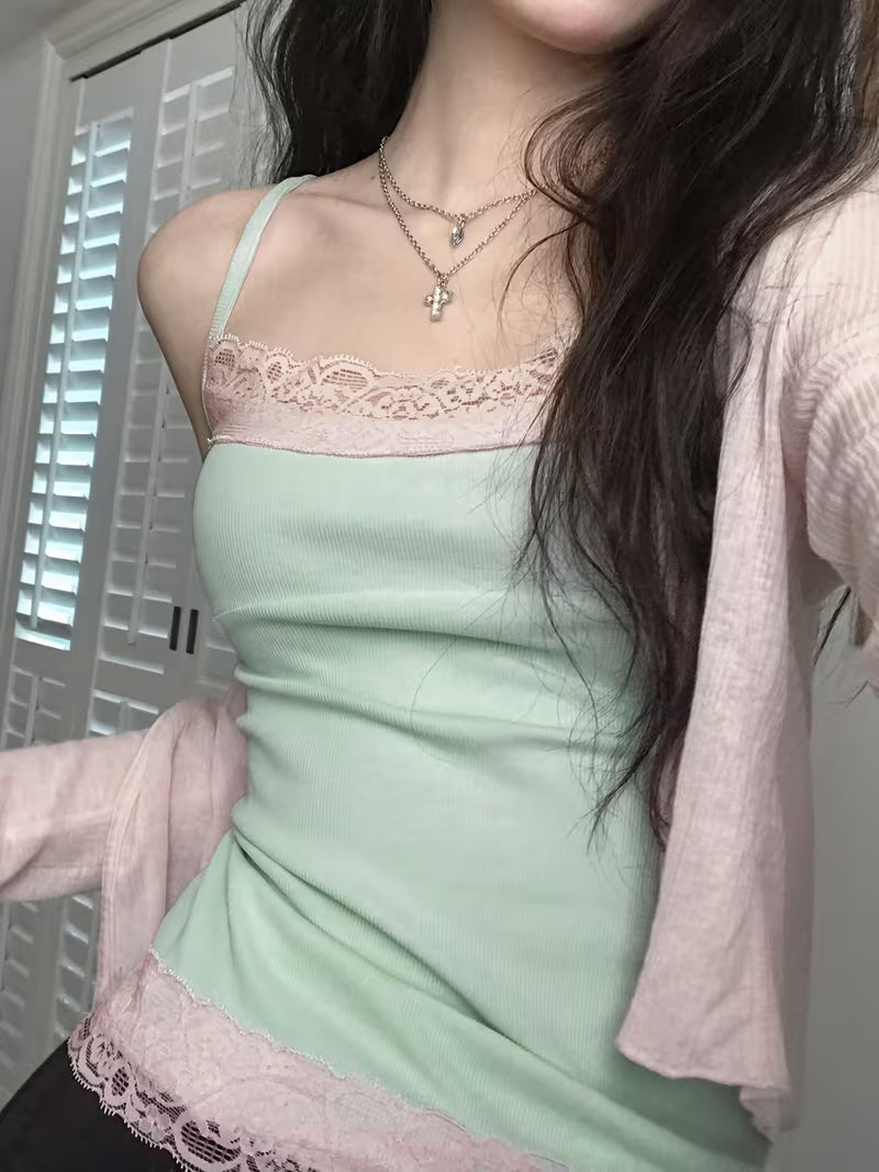 Color-Block Lace Patchwork Cami Top Women'S French Pure Desire Thin Strap Tank Top
