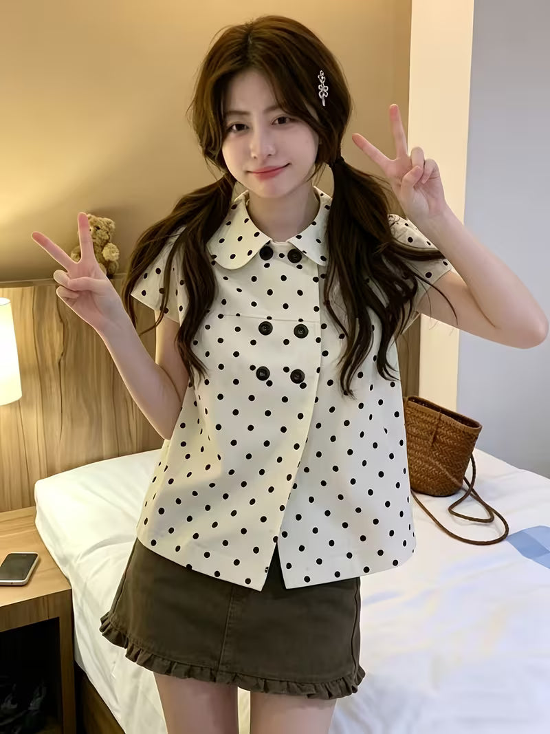 2026 Spring New Sweet Fashionable Temperament Versatile Double-Breasted Polka Dot Doll Collar Short-Sleeved Shirt Women'S Clothing