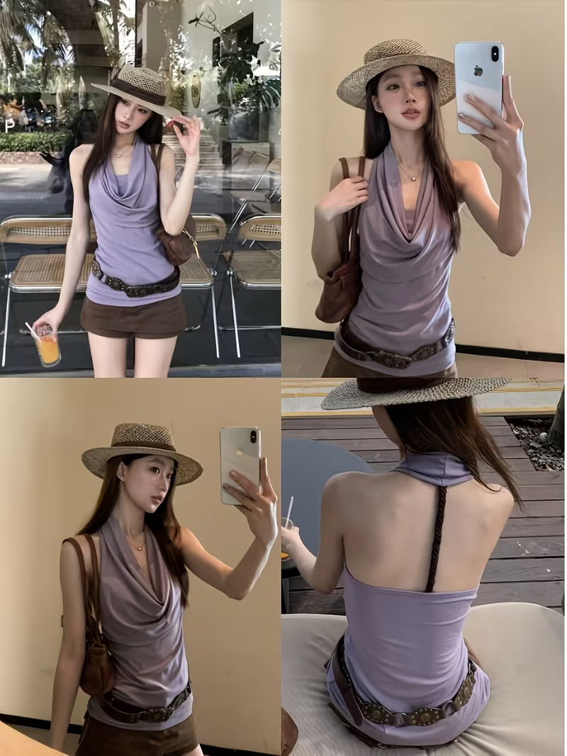 25P Vacation Style Cowl Neck Tank Top, Women'S Sleeveless Ruched Slim Fit Solid Color Top, Elegant Casual Summer Camisole