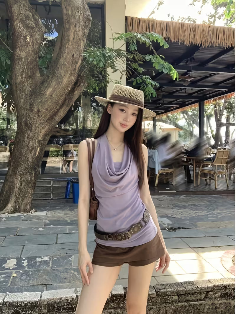 25P Vacation Style Cowl Neck Tank Top, Women'S Sleeveless Ruched Slim Fit Solid Color Top, Elegant Casual Summer Camisole