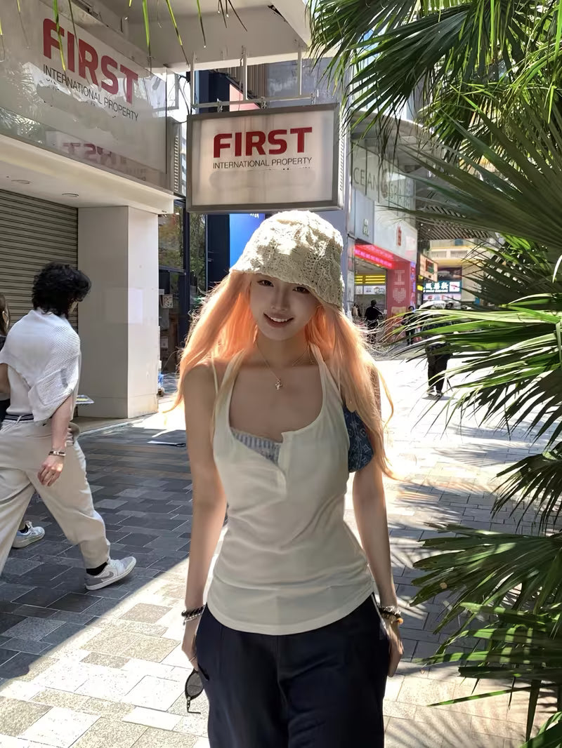 Spot Pure Desire Style White Button Half Open Collar Small Suspender Vest Women'S Spring And Summer Easy Versatile Slim Fit Waist Elastic Comfortable Thin Base Shirt Casual Style Fashionable Foreign Style American Spicy Top