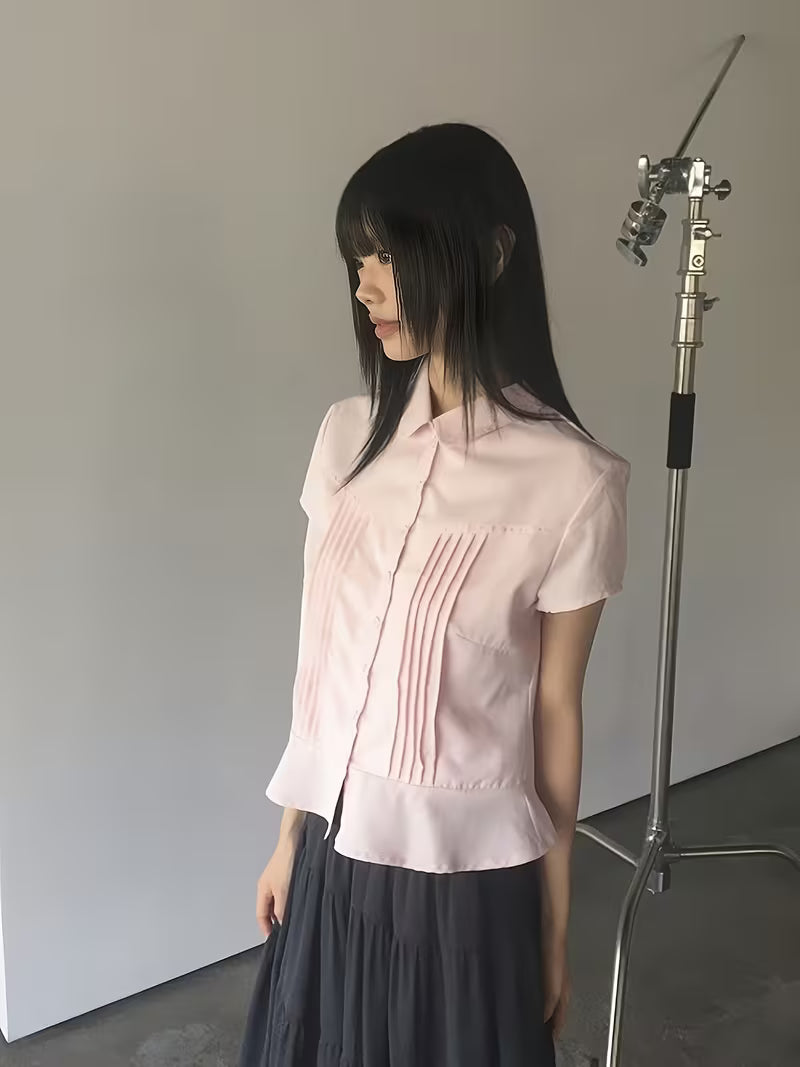 2026 Summer New Pink Doll Collar Short Sleeve Shirt Women'S Ruched Waist All-Match Commute Temperament Blouse