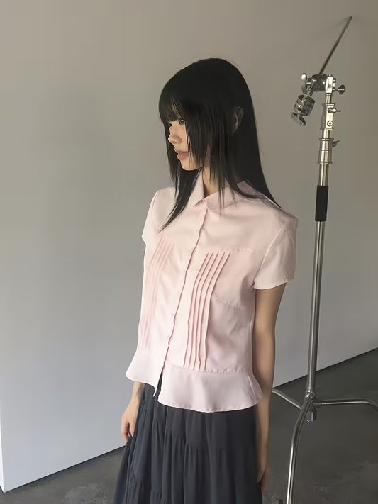 2026 Summer New Pink Doll Collar Short Sleeve Shirt Women'S Ruched Waist All-Match Commute Temperament Blouse
