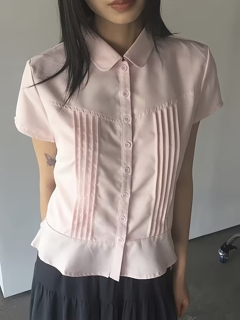 2026 Summer New Pink Doll Collar Short Sleeve Shirt Women'S Ruched Waist All-Match Commute Temperament Blouse