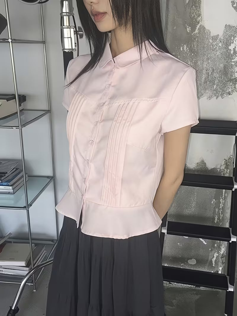 2026 Summer New Pink Doll Collar Short Sleeve Shirt Women'S Ruched Waist All-Match Commute Temperament Blouse