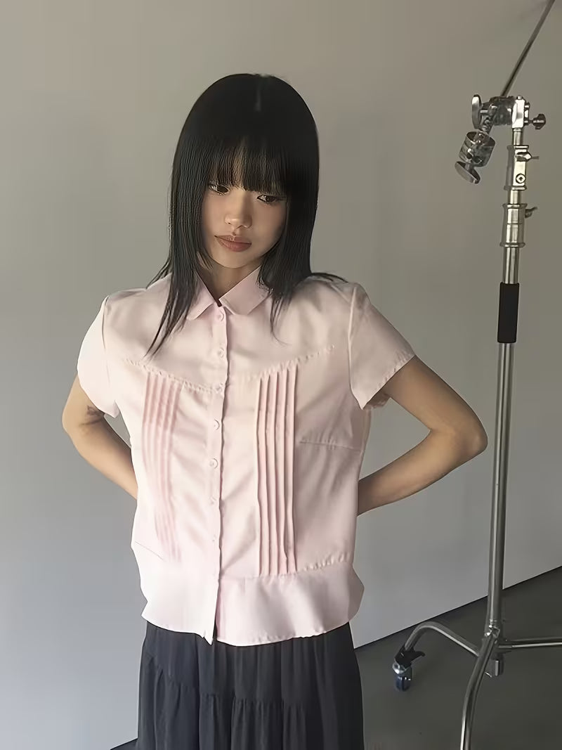 2026 Summer New Pink Doll Collar Short Sleeve Shirt Women'S Ruched Waist All-Match Commute Temperament Blouse