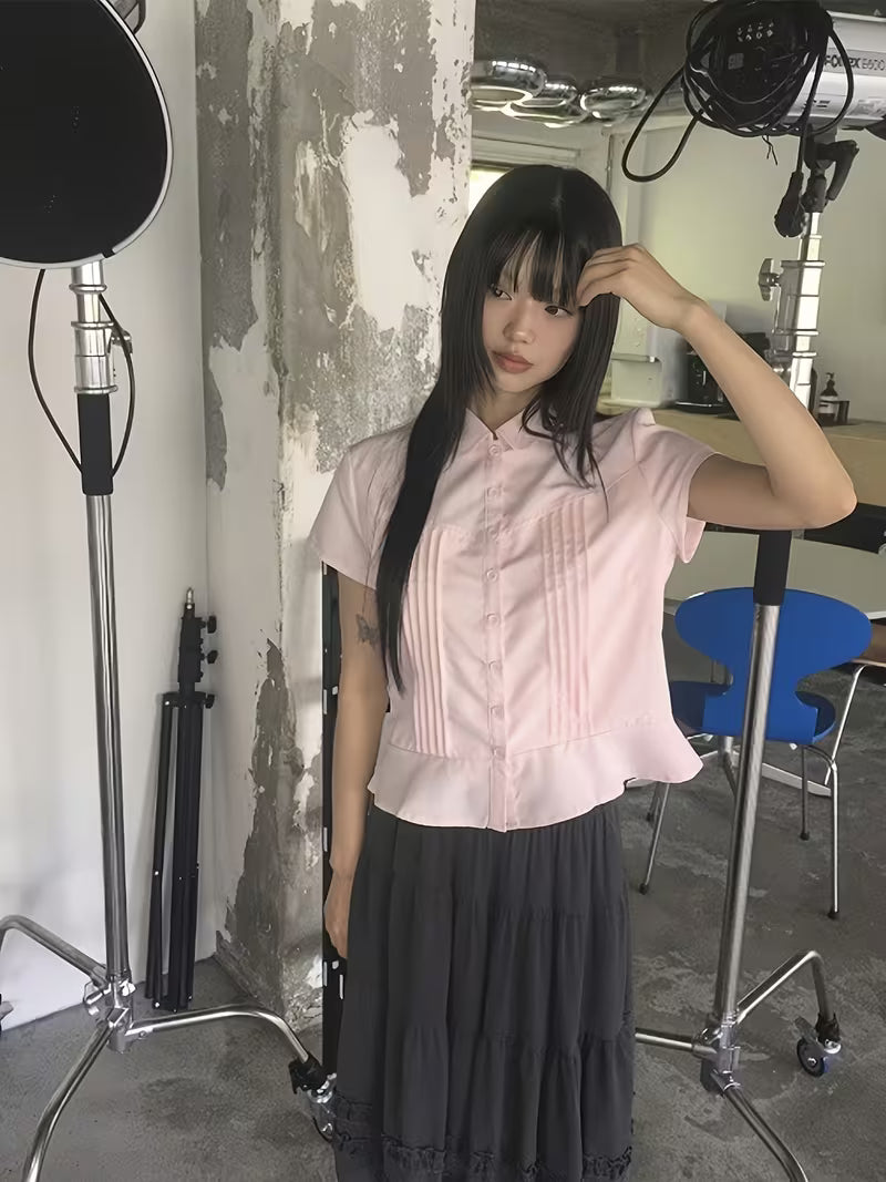 2026 Summer New Pink Doll Collar Short Sleeve Shirt Women'S Ruched Waist All-Match Commute Temperament Blouse