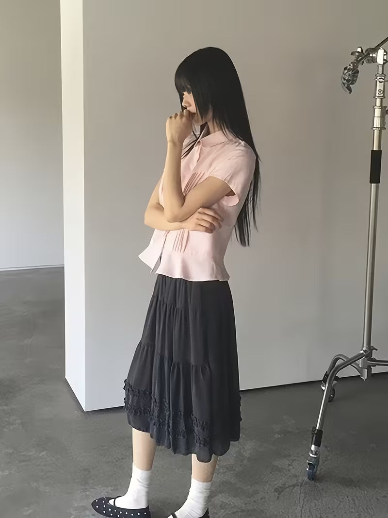 2026 Summer New Pink Doll Collar Short Sleeve Shirt Women'S Ruched Waist All-Match Commute Temperament Blouse