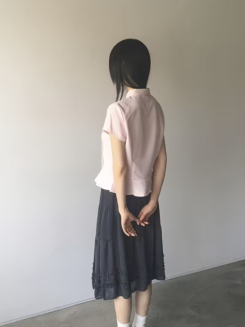 2026 Summer New Pink Doll Collar Short Sleeve Shirt Women'S Ruched Waist All-Match Commute Temperament Blouse