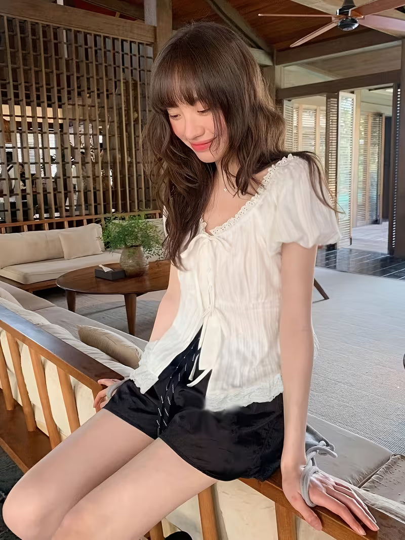 Spring And Summer 2026 New Korean Style Women'S Slim Fit Lace-Up Shirt Top, Sweet Style Lace Trim Tie-Sleeve Short-Sleeve Shirt for Women, Chic French Style Blouse with Unique Design, Elegant Top