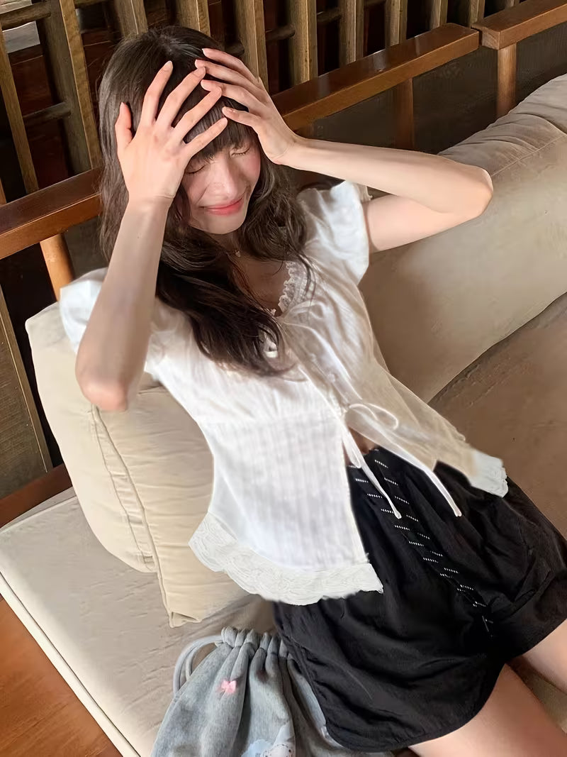 Spring And Summer 2026 New Korean Style Women'S Slim Fit Lace-Up Shirt Top, Sweet Style Lace Trim Tie-Sleeve Short-Sleeve Shirt for Women, Chic French Style Blouse with Unique Design, Elegant Top