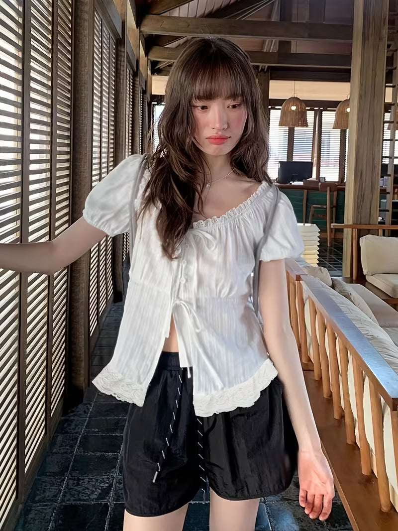 Spring And Summer 2026 New Korean Style Women'S Slim Fit Lace-Up Shirt Top, Sweet Style Lace Trim Tie-Sleeve Short-Sleeve Shirt for Women, Chic French Style Blouse with Unique Design, Elegant Top